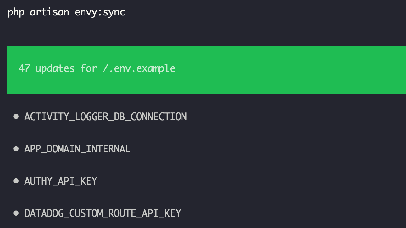 If you're tired of your .env.example file being outdated, you might want to check out Envy by Worksome.